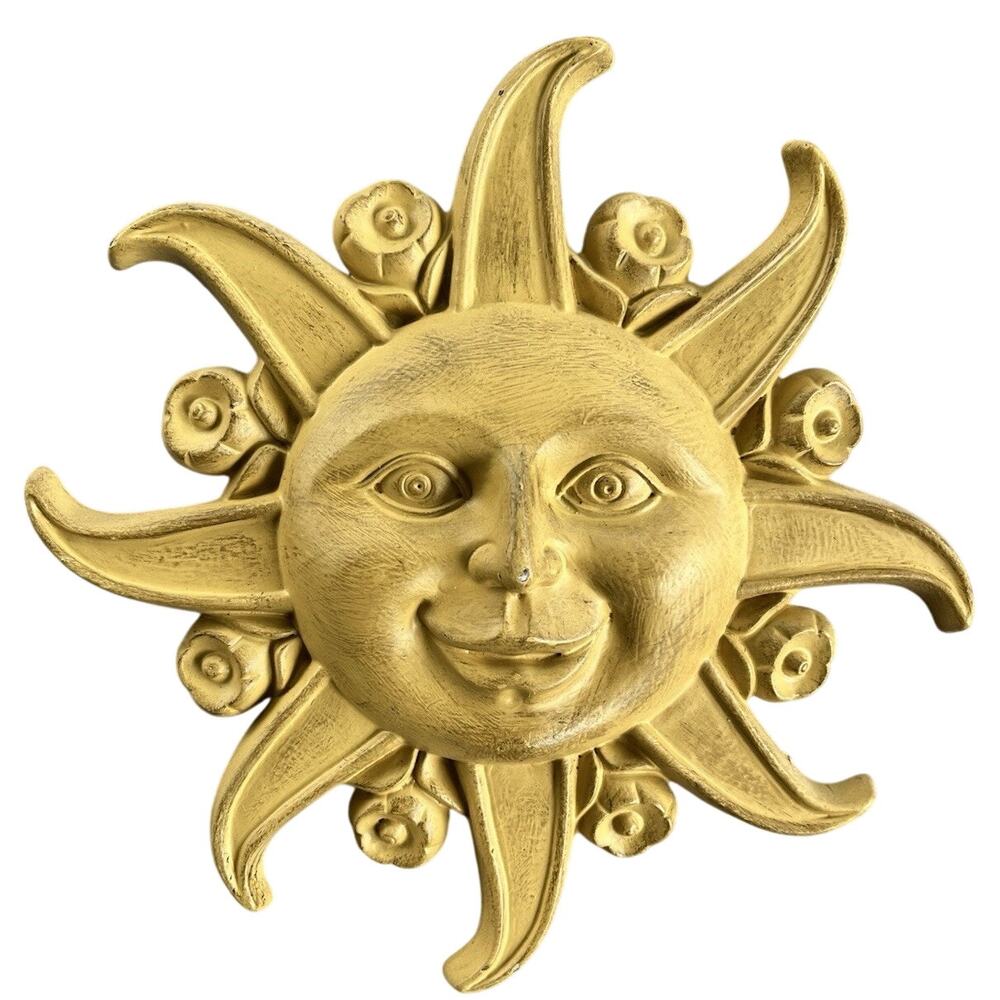 Anthropomorphic SUN FACE plaque 1970s Plastic flowers Harvest Gold outdoor ?